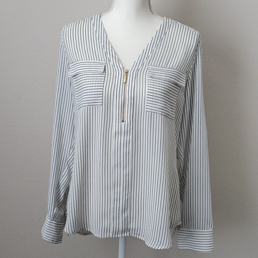 Express Portofino Shirt Blue Gray Stripe V-Neck Roll Sleeve Blouse Size M